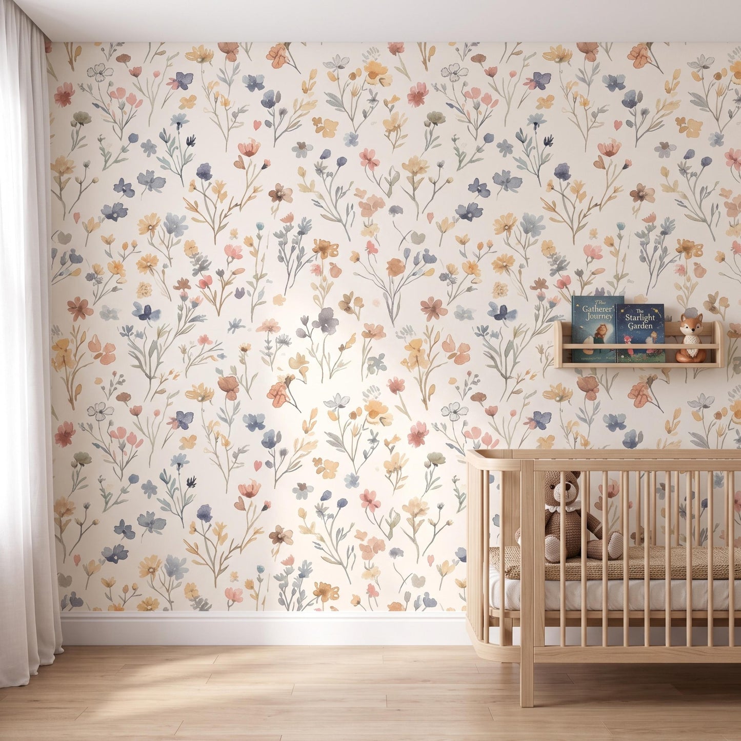 Watercolor Wildflower Floral Wallpaper, Nursery Wall Decor, Boho Meadow Wall Mural, Muted Pastel Flower Decal, Cottagecore Room Decor-WP0097