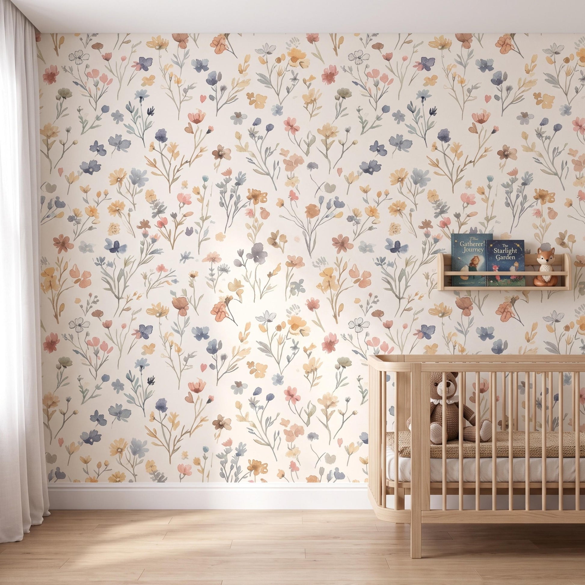 Watercolor Wildflower Floral Wallpaper, Nursery Wall Decor, Boho Meadow Wall Mural, Muted Pastel Flower Decal, Cottagecore Room Decor-WP0097