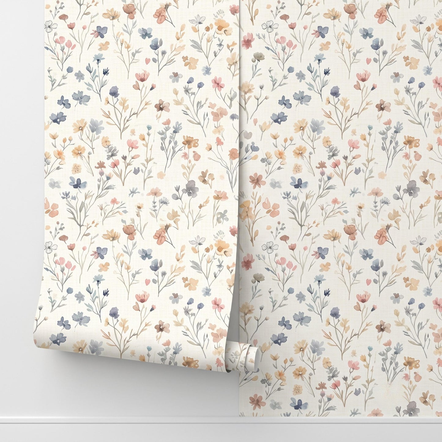 Watercolor Wildflower Floral Wallpaper, Nursery Wall Decor, Boho Meadow Wall Mural, Muted Pastel Flower Decal, Cottagecore Room Decor-WP0097