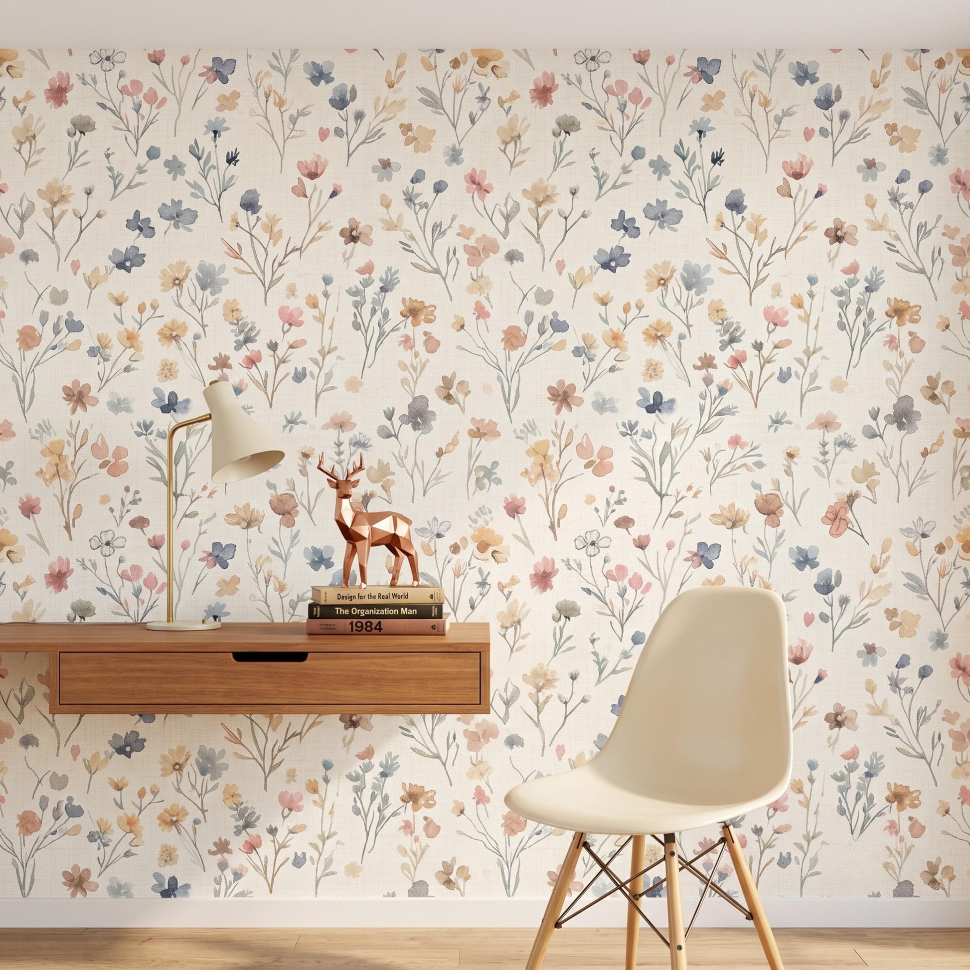 Watercolor Wildflower Floral Wallpaper, Nursery Wall Decor, Boho Meadow Wall Mural, Muted Pastel Flower Decal, Cottagecore Room Decor-WP0097