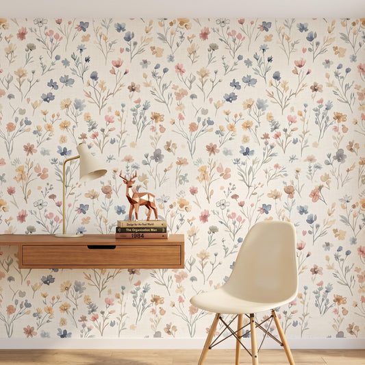 Watercolor Wildflower Floral Wallpaper, Nursery Wall Decor, Boho Meadow Wall Mural, Muted Pastel Flower Decal, Cottagecore Room Decor-WP0097