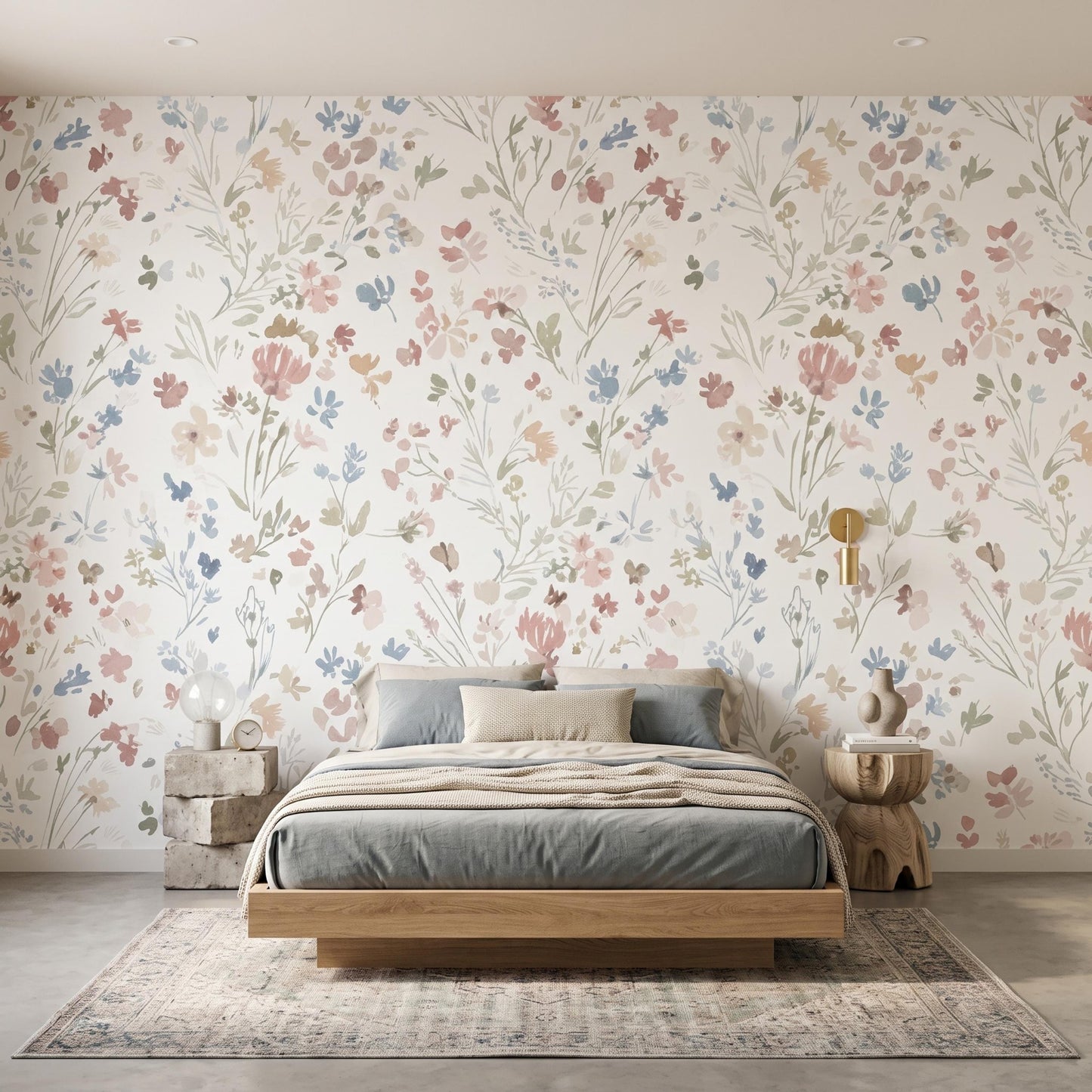 Soft Pastel Watercolor Floral Wallpaper, Vintage Cottagecore Peel and Stick Wall Mural-WP0116