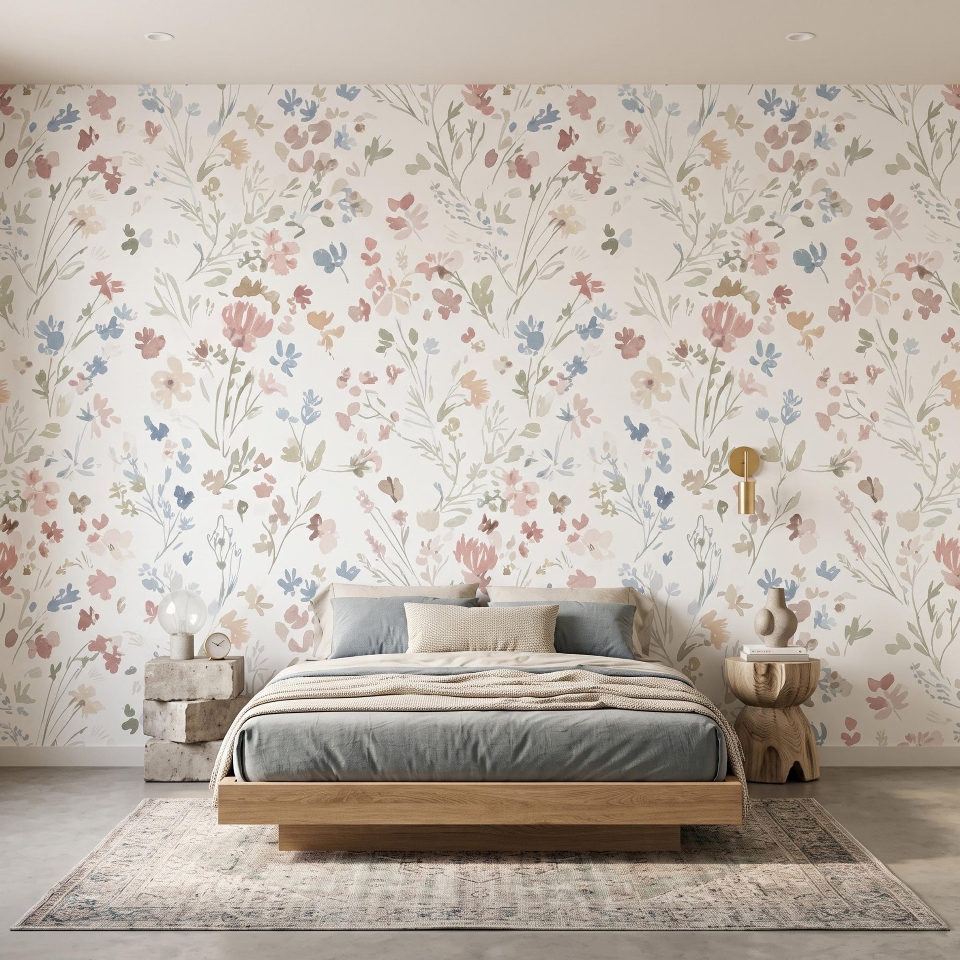 Soft Pastel Watercolor Floral Wallpaper, Vintage Cottagecore Peel and Stick Wall Mural-WP0116