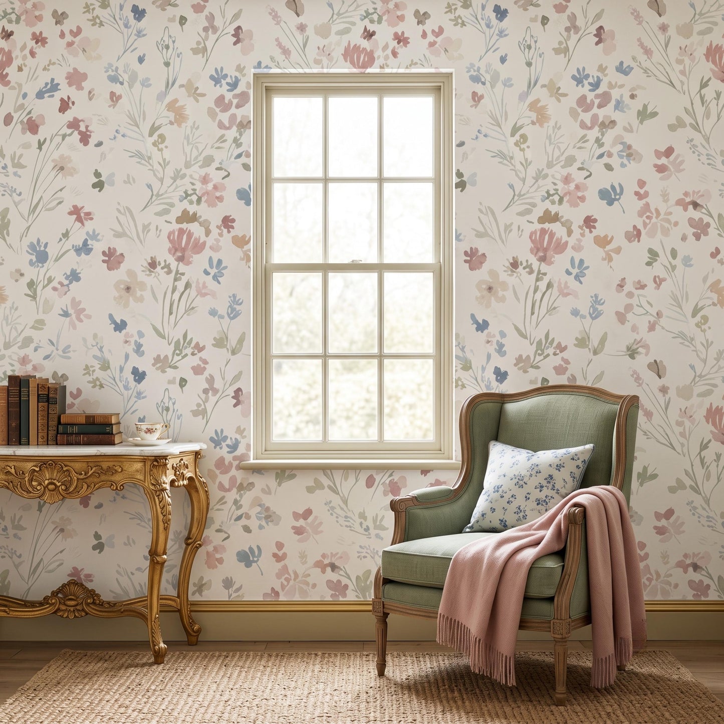 Soft Pastel Watercolor Floral Wallpaper, Vintage Cottagecore Peel and Stick Wall Mural-WP0116