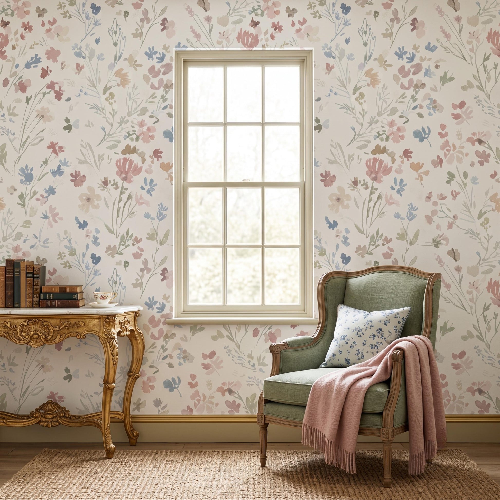 Soft Pastel Watercolor Floral Wallpaper, Vintage Cottagecore Peel and Stick Wall Mural-WP0116