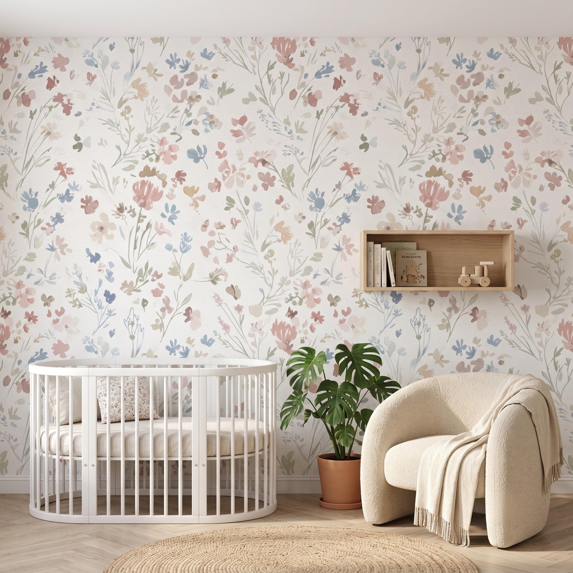 Soft Pastel Watercolor Floral Wallpaper, Vintage Cottagecore Peel and Stick Wall Mural-WP0116