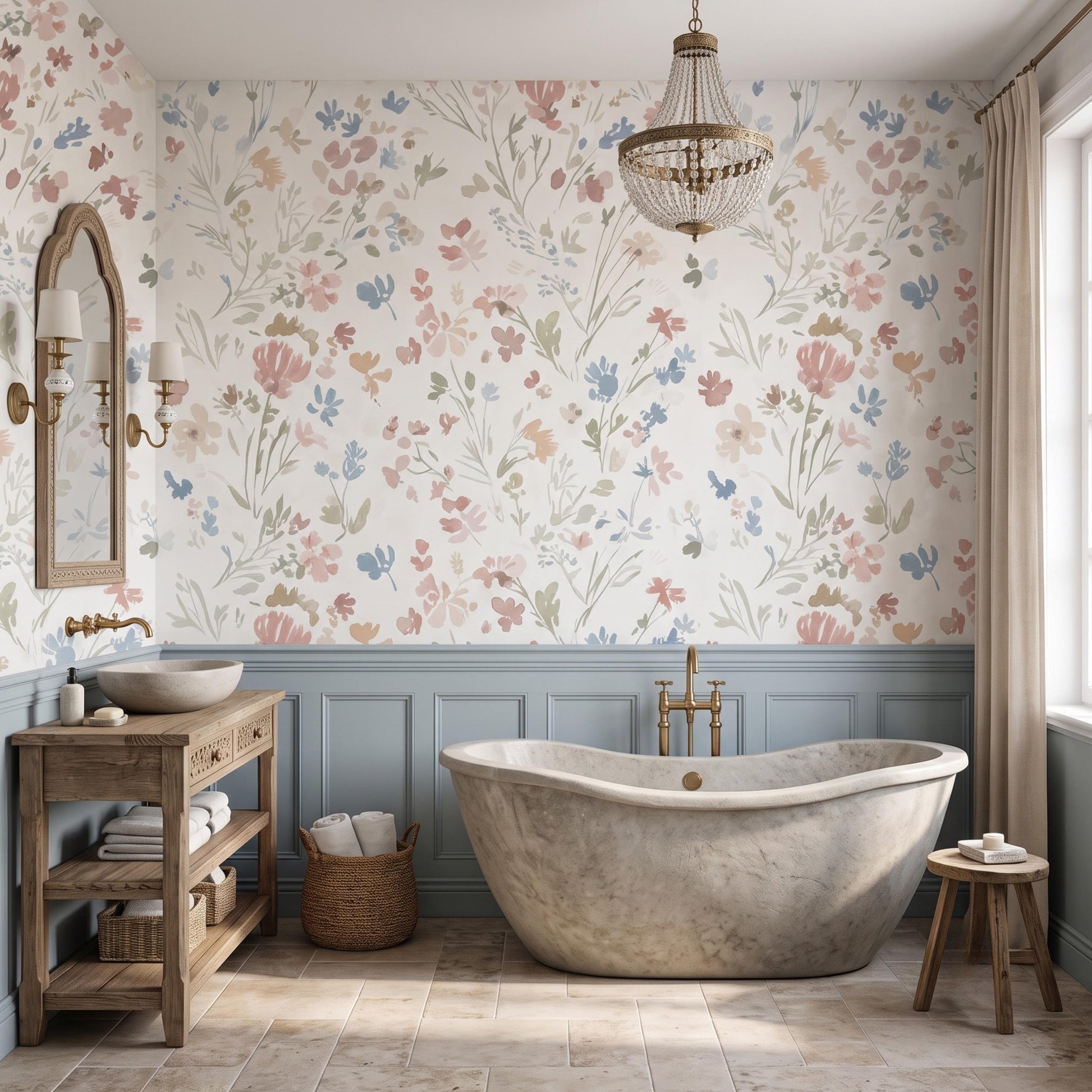 Soft Pastel Watercolor Floral Wallpaper, Vintage Cottagecore Peel and Stick Wall Mural-WP0116