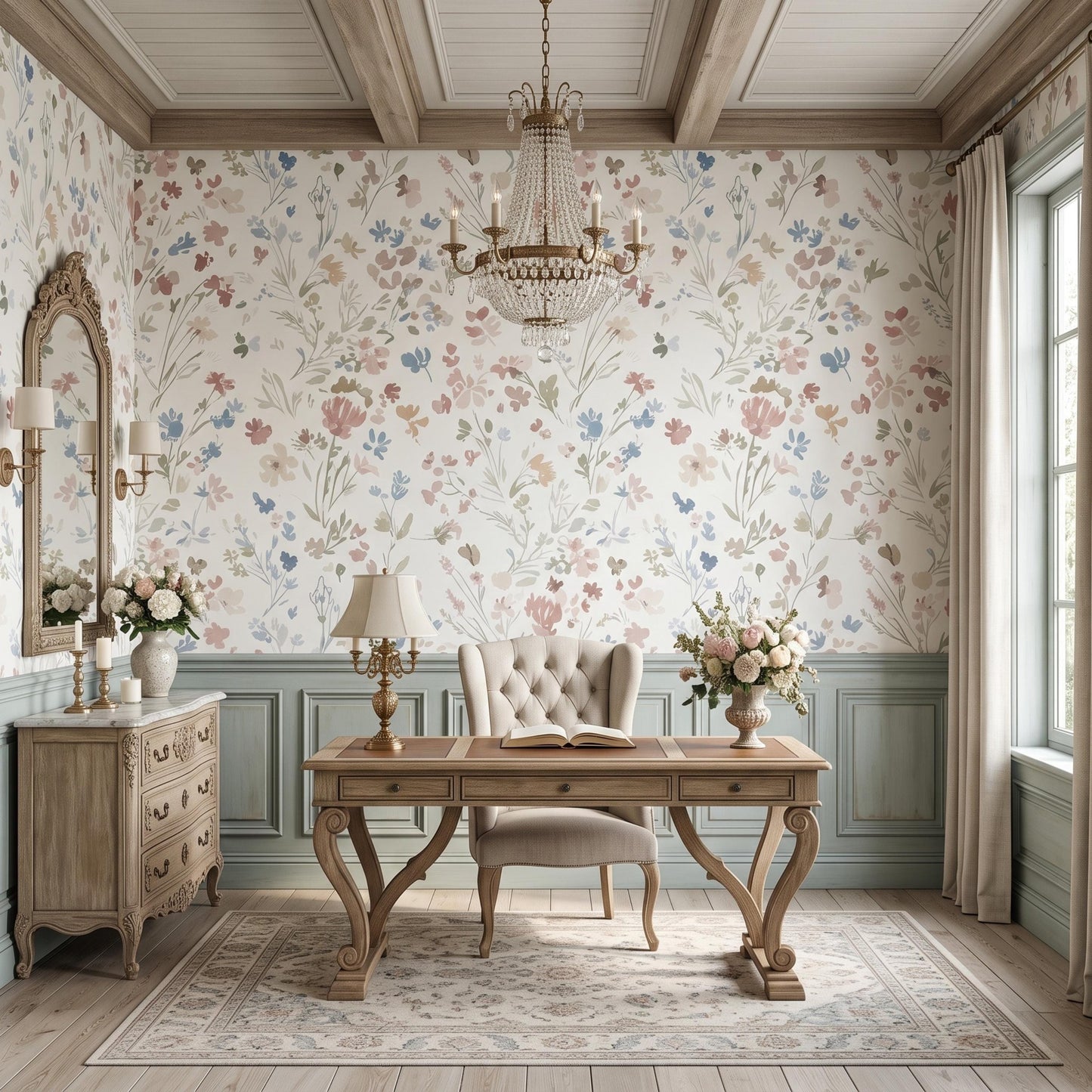 Soft Pastel Watercolor Floral Wallpaper, Vintage Cottagecore Peel and Stick Wall Mural-WP0116