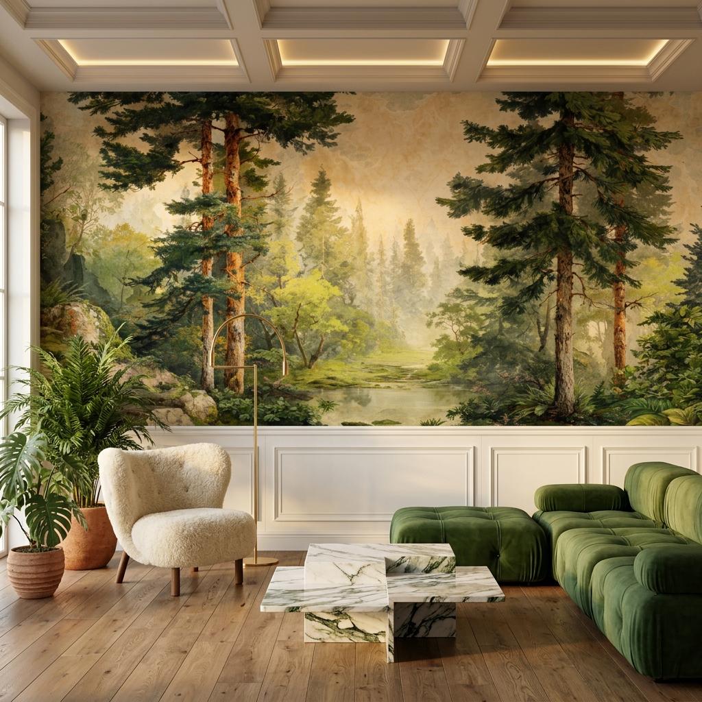 Vintage Forest Wallpaper – Oil Painting Landscape Wall Mural for Living Room-WP0133