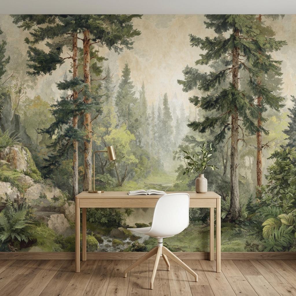 Vintage Forest Wallpaper – Oil Painting Landscape Wall Mural for Living Room-WP0133