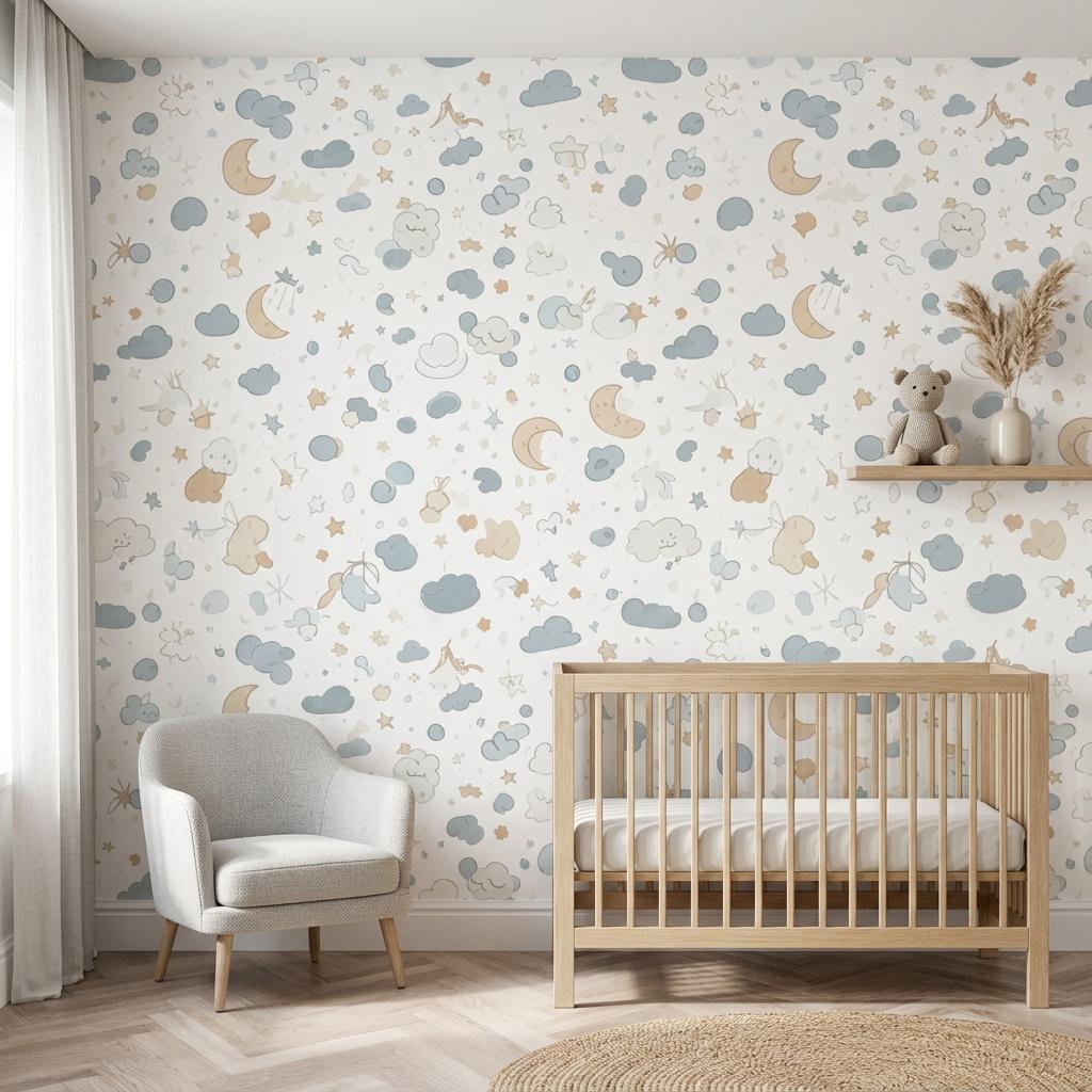 Moon and Stars Nursery Wallpaper – Blue Celestial Peel and Stick Wall Mural-WP0117