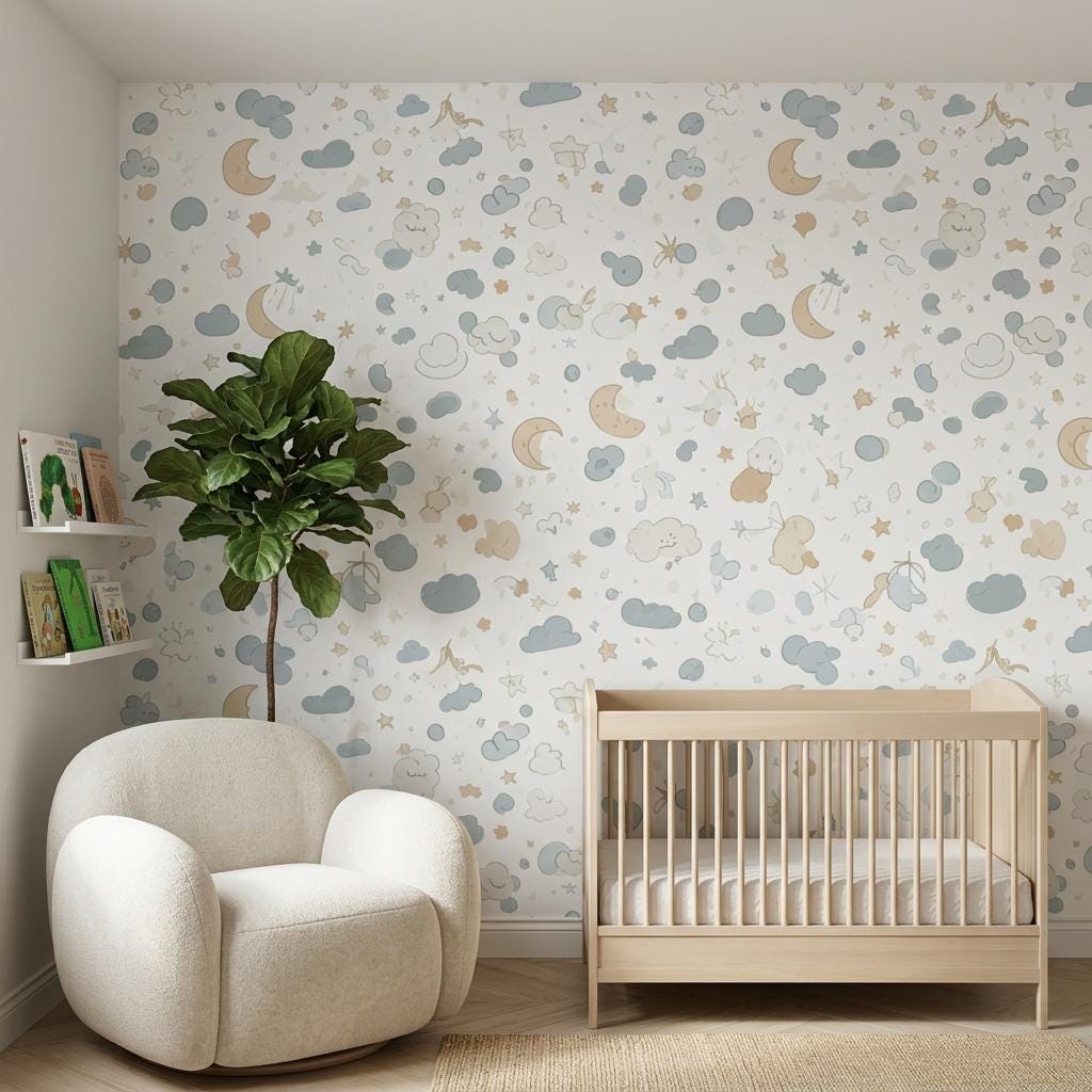 Moon and Stars Nursery Wallpaper – Blue Celestial Peel and Stick Wall Mural-WP0117