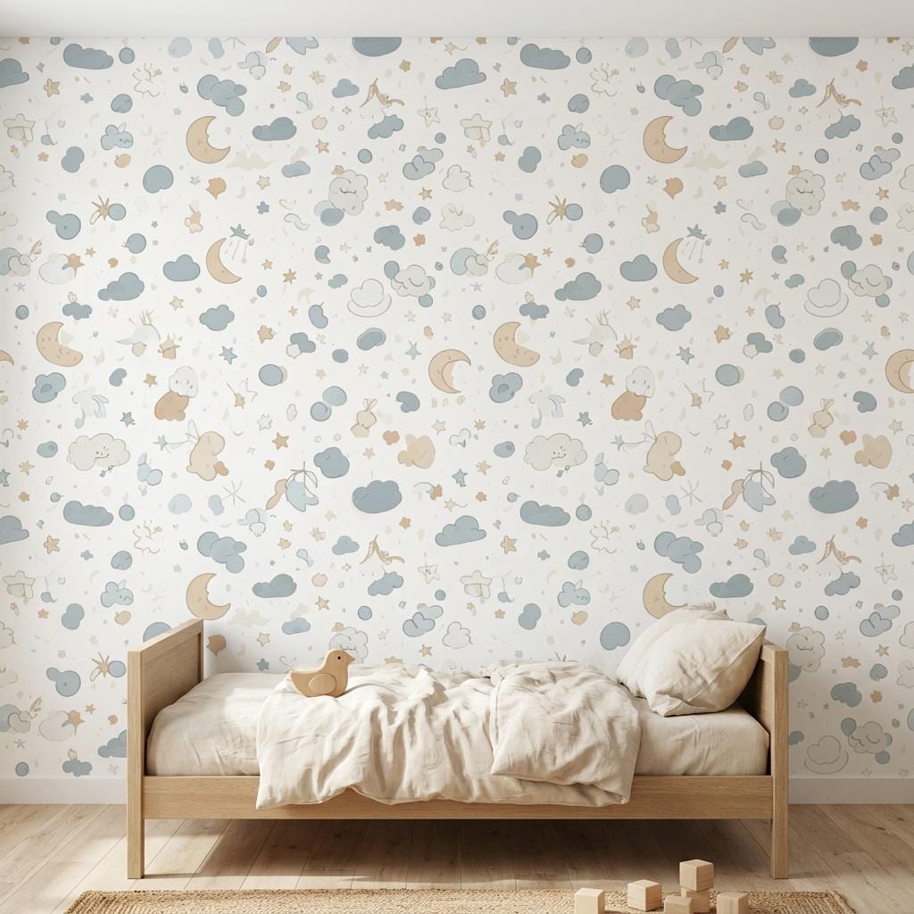 Moon and Stars Nursery Wallpaper – Blue Celestial Peel and Stick Wall Mural-WP0117