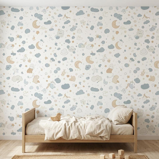 Moon and Stars Nursery Wallpaper – Blue Celestial Peel and Stick Wall Mural-WP0117