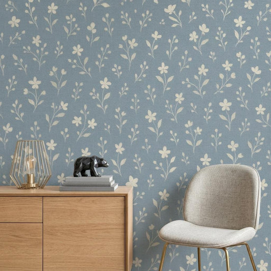 Vintage Wildflower Wallpaper – Blue Cottagecore Botanical Wall Mural-WP0155