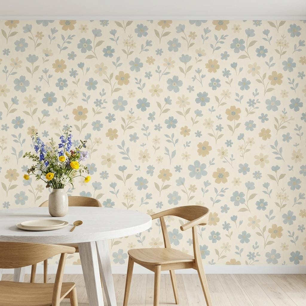 Vintage Floral Wallpaper – Blue Cottagecore Peel and Stick Mural-WP0134