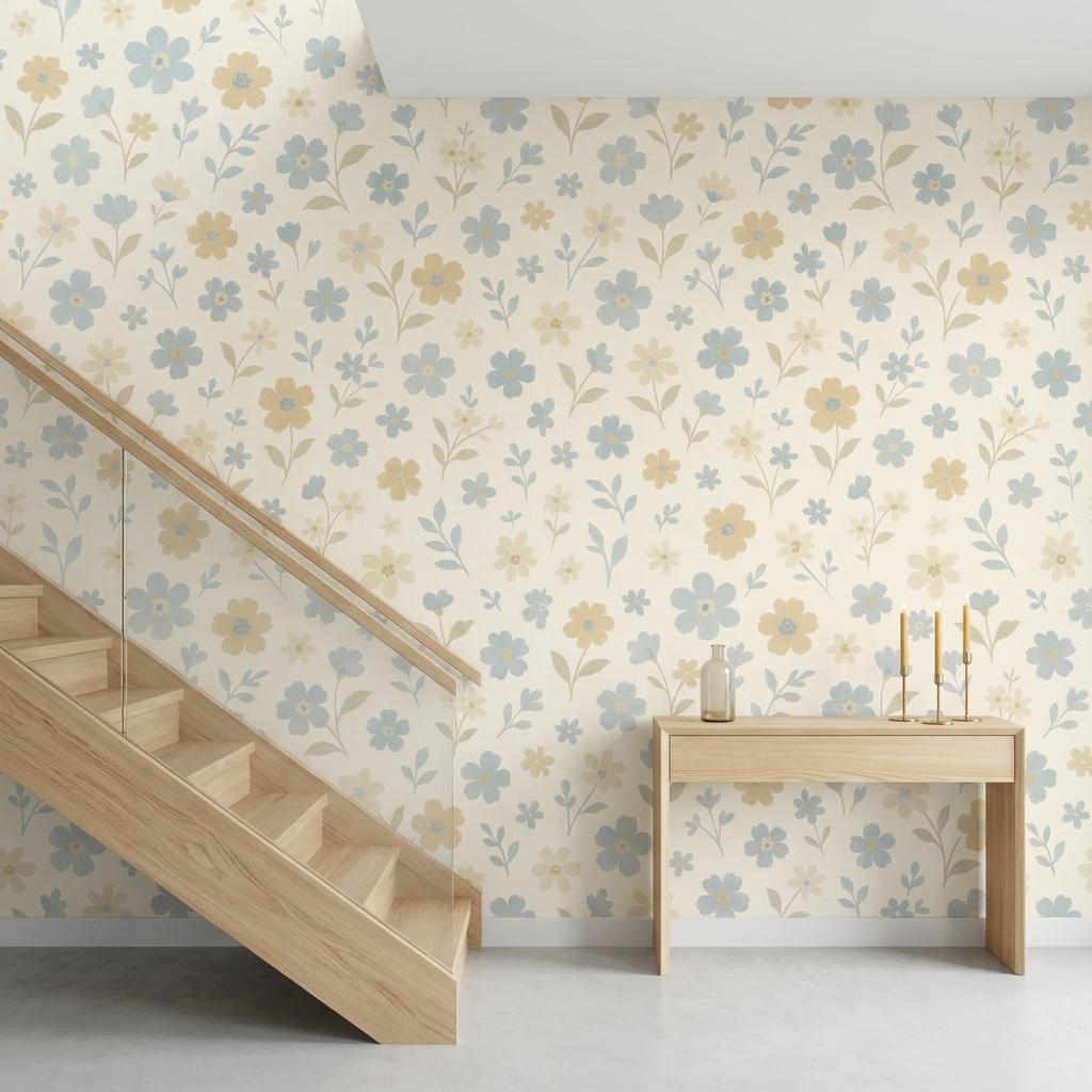 Vintage Floral Wallpaper – Blue Cottagecore Peel and Stick Mural-WP0134