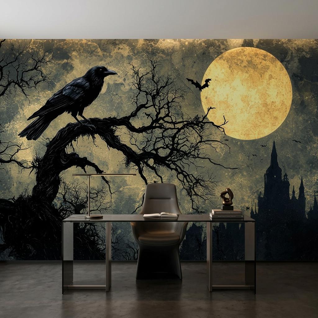 Gothic Raven Wallpaper – Full Moon Dark Forest Wall Mural-WP0168