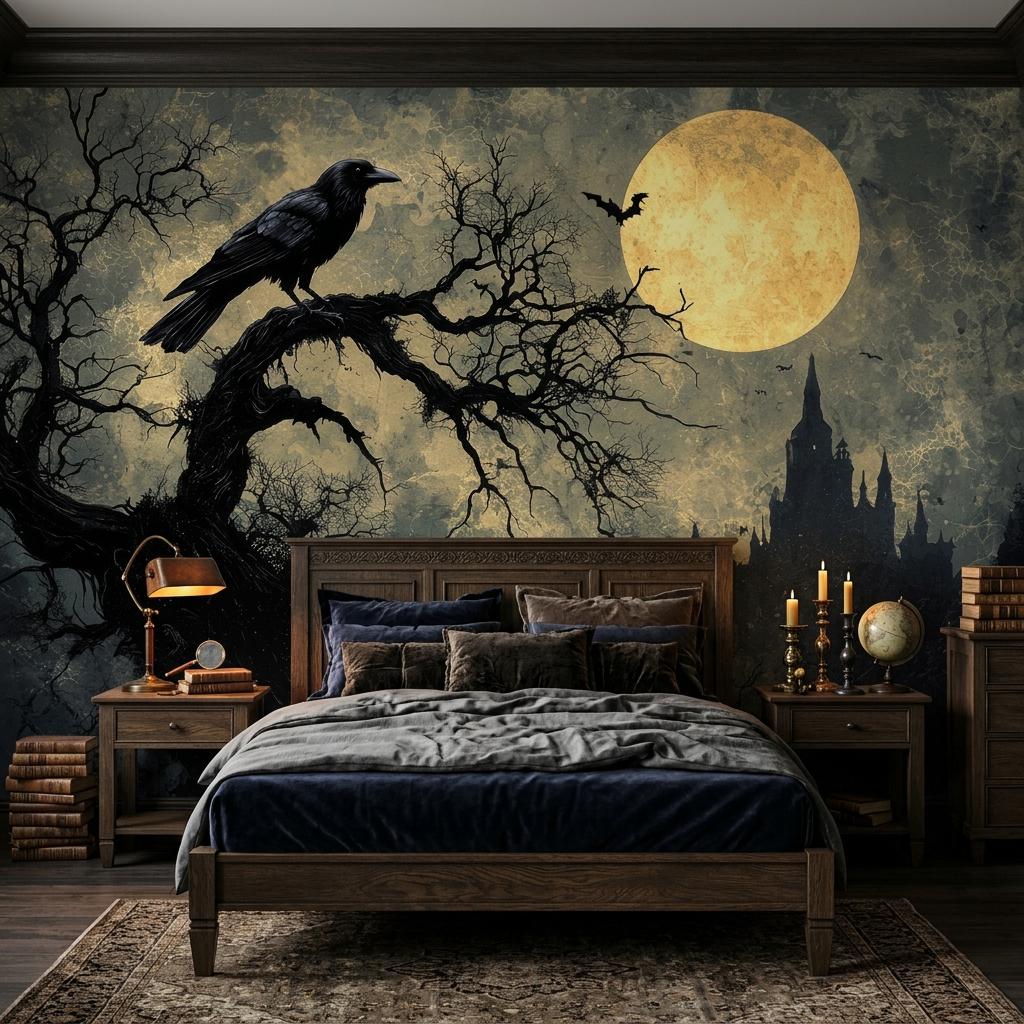 Gothic Raven Wallpaper – Full Moon Dark Forest Wall Mural-WP0168