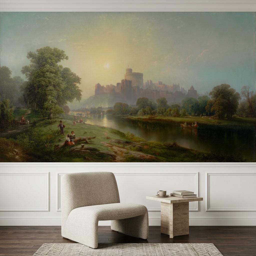 Classical Oil Painting Landscape Wallpaper Mural – Vintage European Castle Wall Art-WP0169