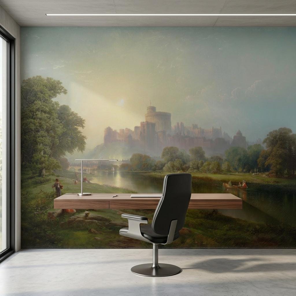Classical Oil Painting Landscape Wallpaper Mural – Vintage European Castle Wall Art-WP0169