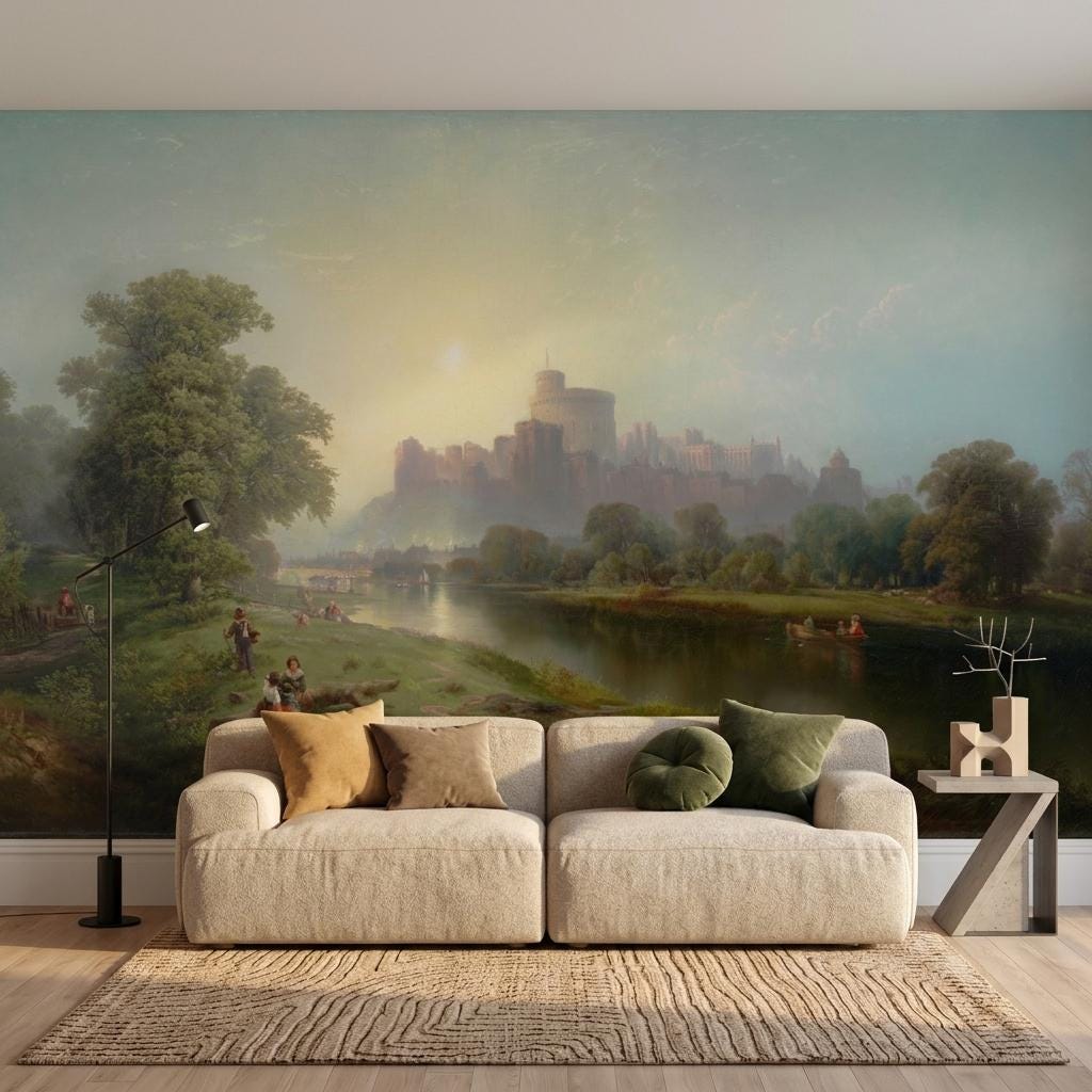 Classical Oil Painting Landscape Wallpaper Mural – Vintage European Castle Wall Art-WP0169