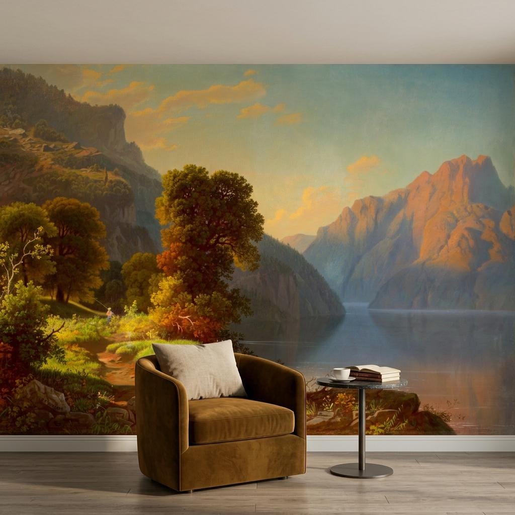 Golden Sunset Mountain Lake Wallpaper Mural – Classical Landscape Wall Art-WP0170