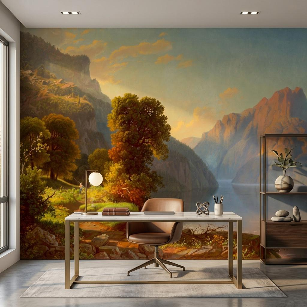 Golden Sunset Mountain Lake Wallpaper Mural – Classical Landscape Wall Art-WP0170