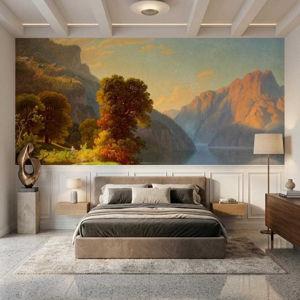 Golden Sunset Mountain Lake Wallpaper Mural – Classical Landscape Wall Art-WP0170