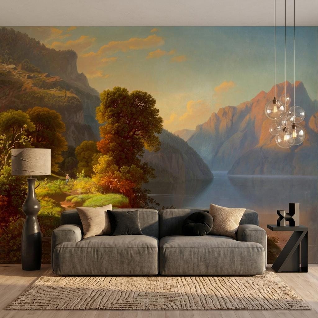 Golden Sunset Mountain Lake Wallpaper Mural – Classical Landscape Wall Art-WP0170