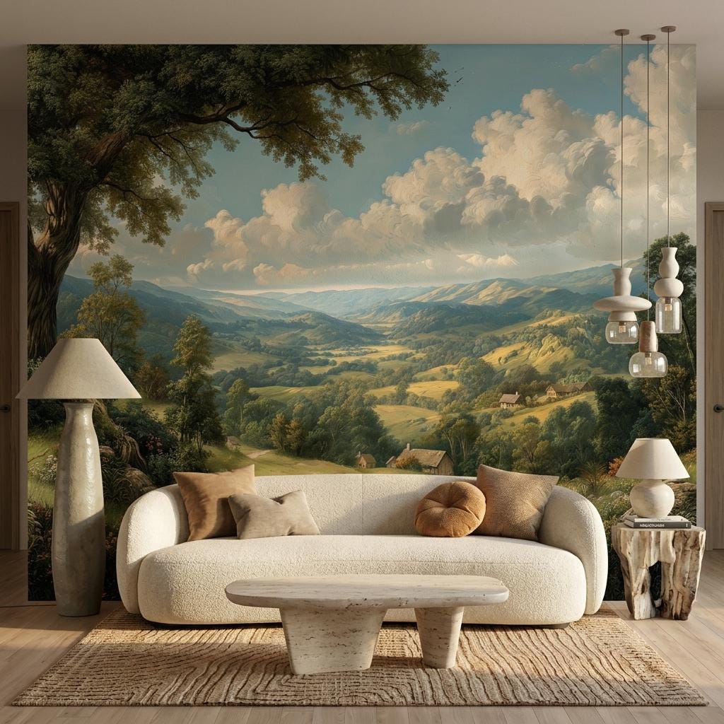 Vintage Landscape Wallpaper,Rustic Countryside Mural,Peel and Stick Wall Decor-WP0173