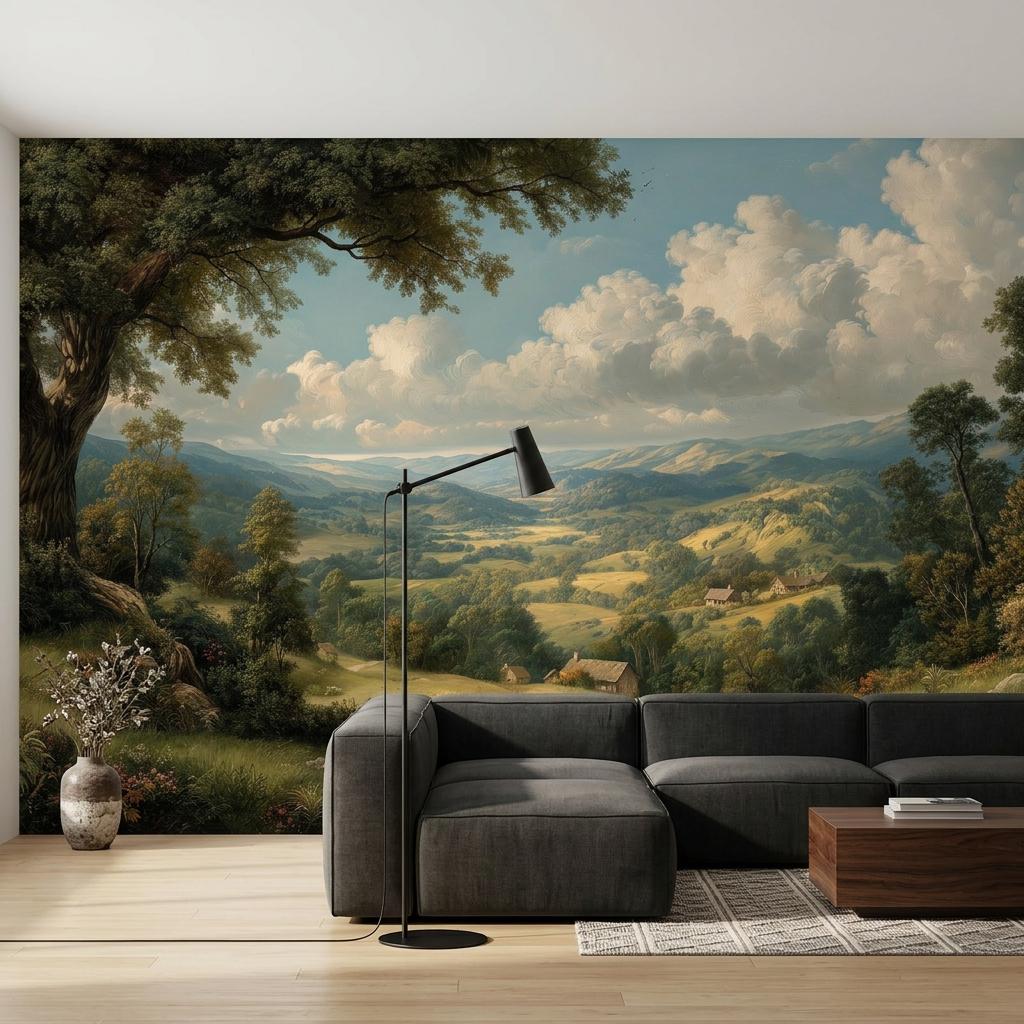 Vintage Landscape Wallpaper,Rustic Countryside Mural,Peel and Stick Wall Decor-WP0173