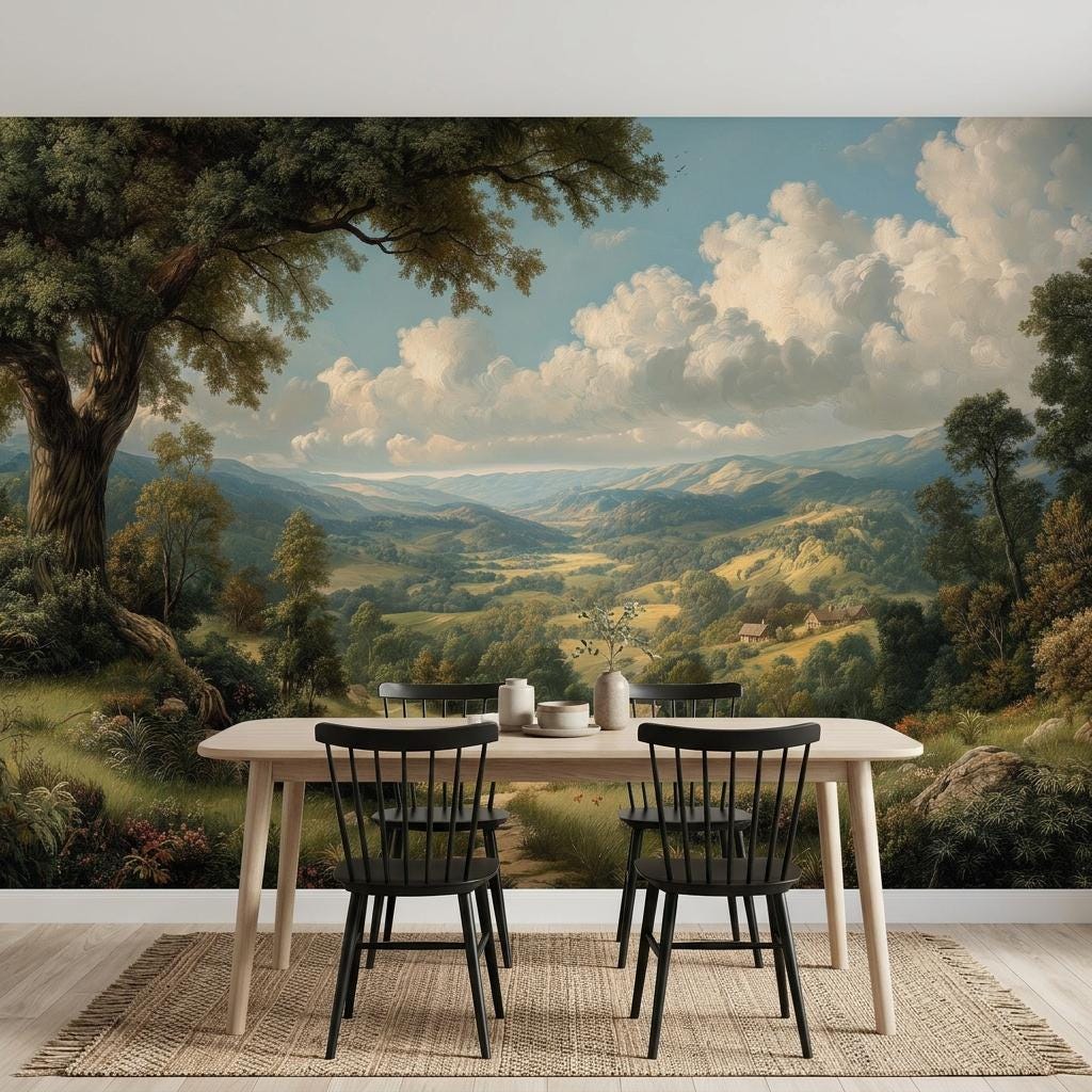 Vintage Landscape Wallpaper,Rustic Countryside Mural,Peel and Stick Wall Decor-WP0173