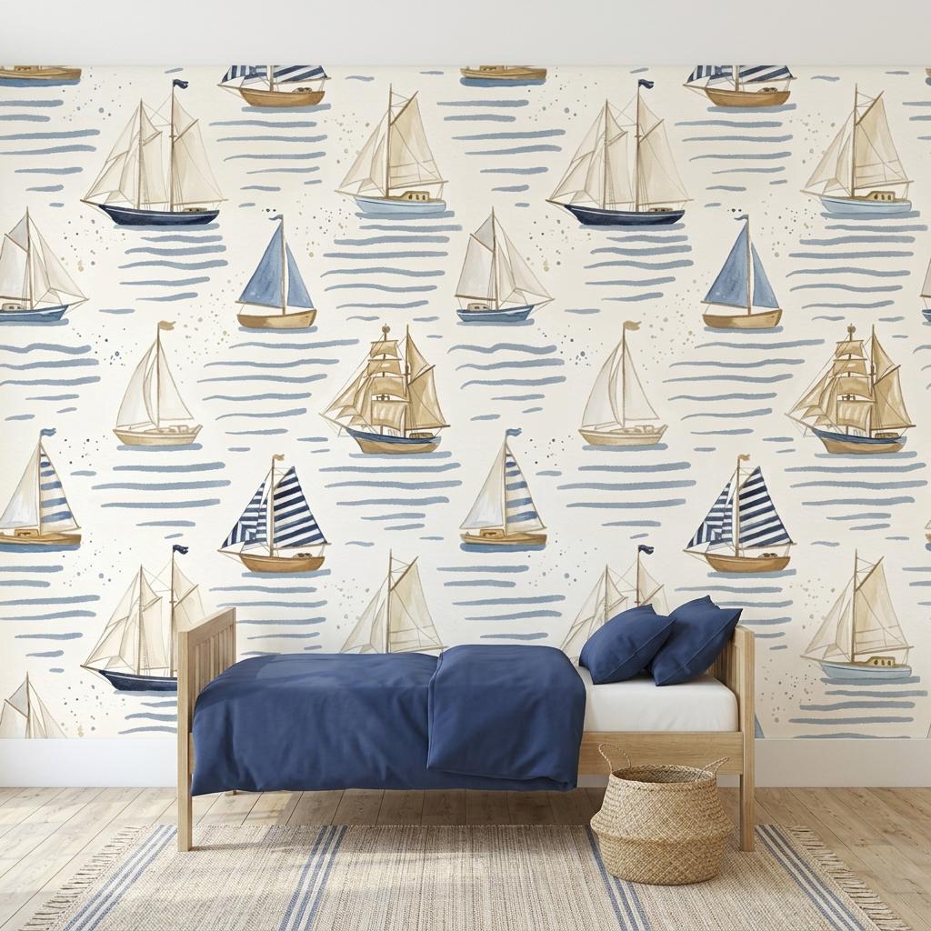 Blue Nautical Sailboat Wallpaper Mural for Coastal Nursery-WP0174