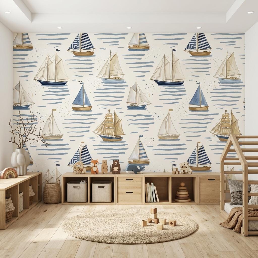 Blue Nautical Sailboat Wallpaper Mural for Coastal Nursery-WP0174