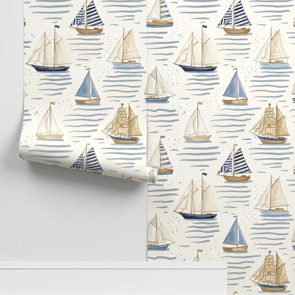 Blue Nautical Sailboat Wallpaper Mural for Coastal Nursery-WP0174