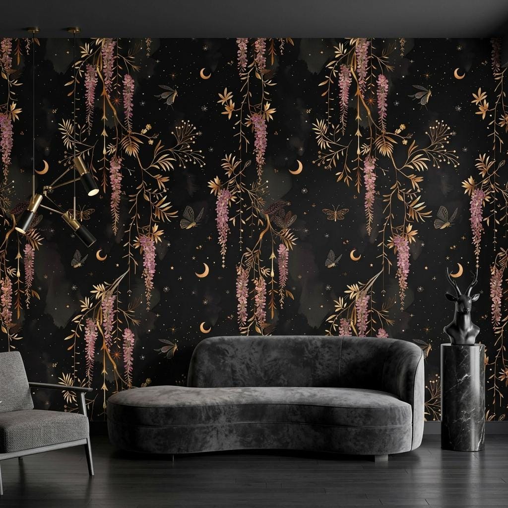 Dark Celestial Wisteria Wallpaper, Moody Moon Star Floral Mural Peel and Stick-WP0176