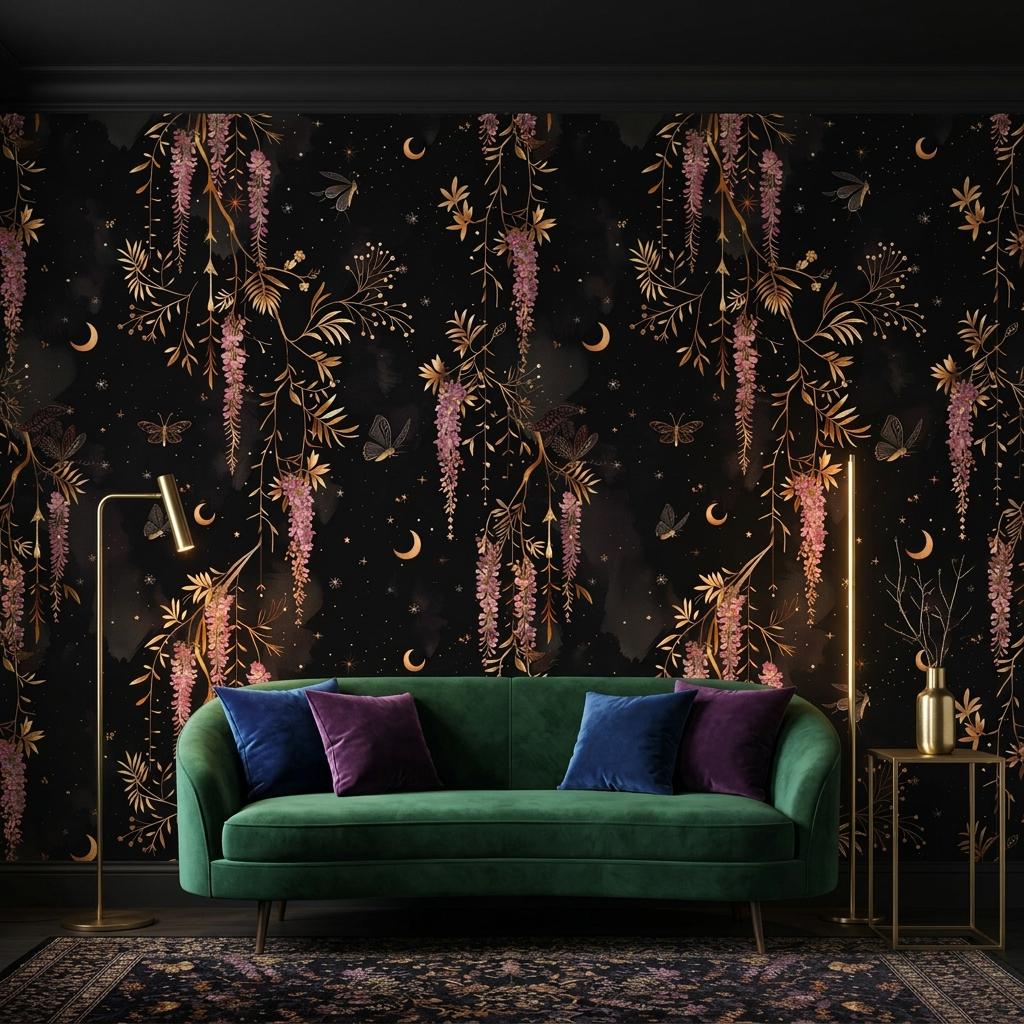 Dark Celestial Wisteria Wallpaper, Moody Moon Star Floral Mural Peel and Stick-WP0176