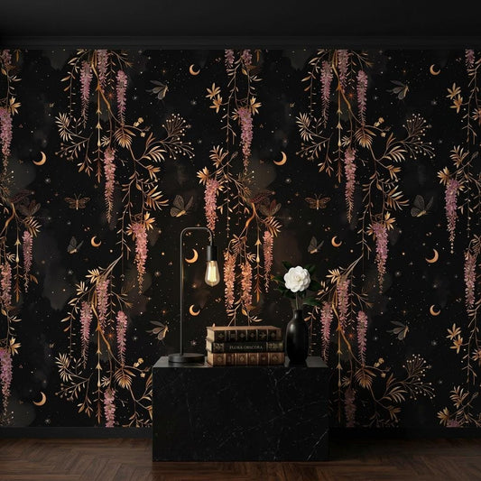 Dark Celestial Wisteria Wallpaper, Moody Moon Star Floral Mural Peel and Stick-WP0176
