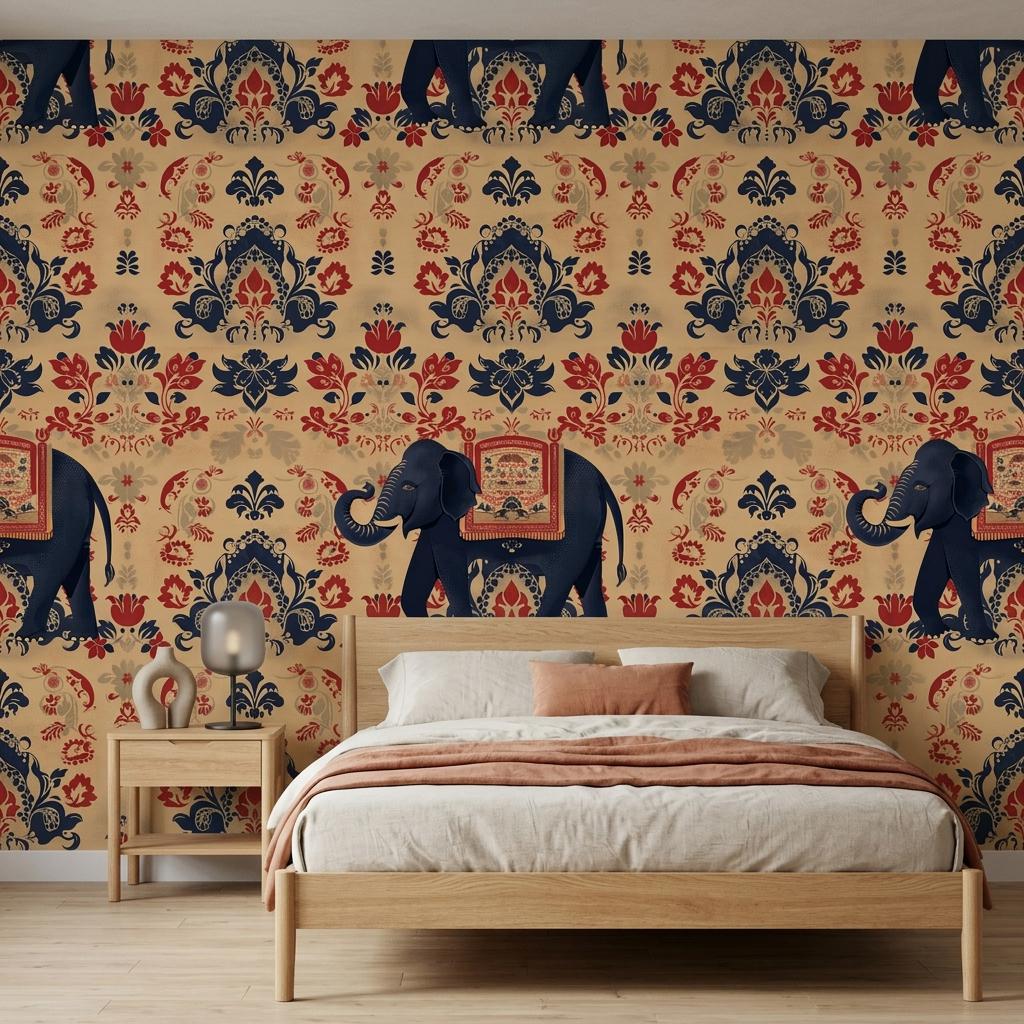 Indian Elephant Damask Traditional Bohemian Wallpaper, Exotic Animal Wall Mural, Maximalist Home Decor, Navy Blue Accent Wall-WP0177