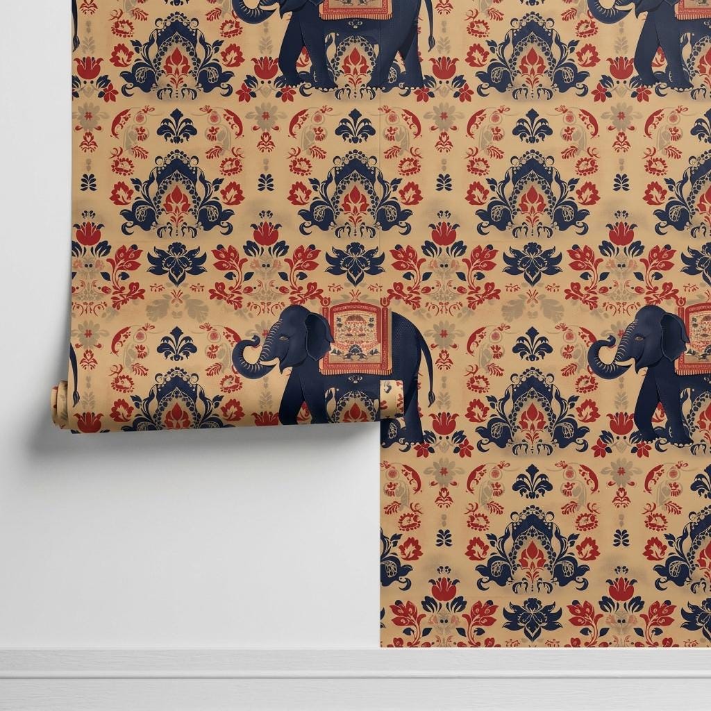 Indian Elephant Damask Traditional Bohemian Wallpaper, Exotic Animal Wall Mural, Maximalist Home Decor, Navy Blue Accent Wall-WP0177