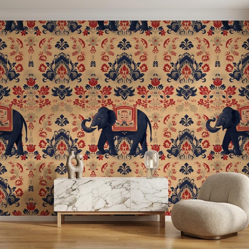 Indian Elephant Damask Traditional Bohemian Wallpaper, Exotic Animal Wall Mural, Maximalist Home Decor, Navy Blue Accent Wall-WP0177