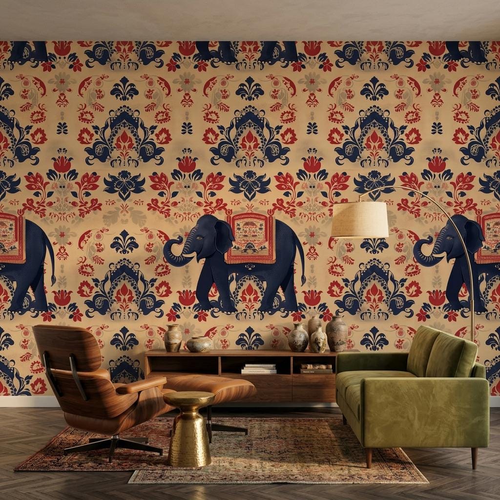 Indian Elephant Damask Traditional Bohemian Wallpaper, Exotic Animal Wall Mural, Maximalist Home Decor, Navy Blue Accent Wall-WP0177