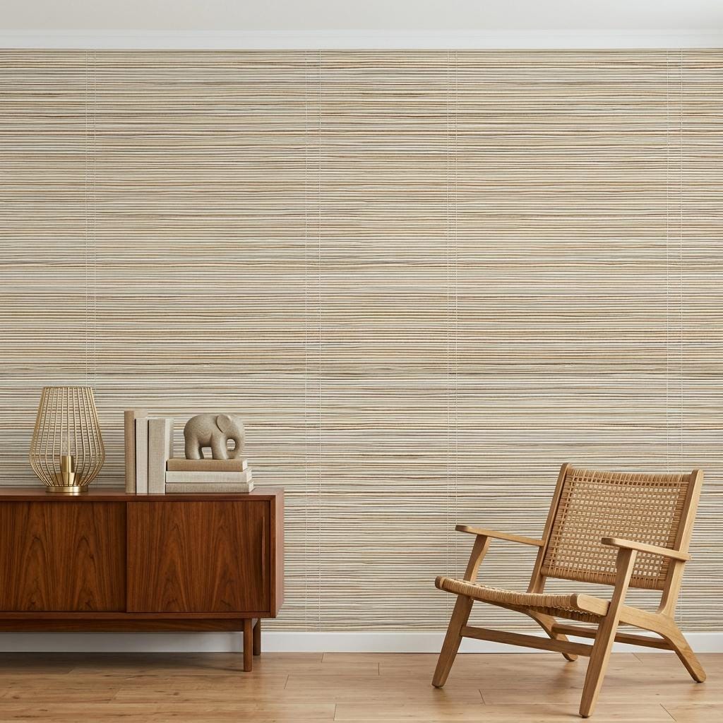 Natural Grasscloth Horizontal Textured Wallpaper, Faux Woven Japandi Wall Covering-WP0206