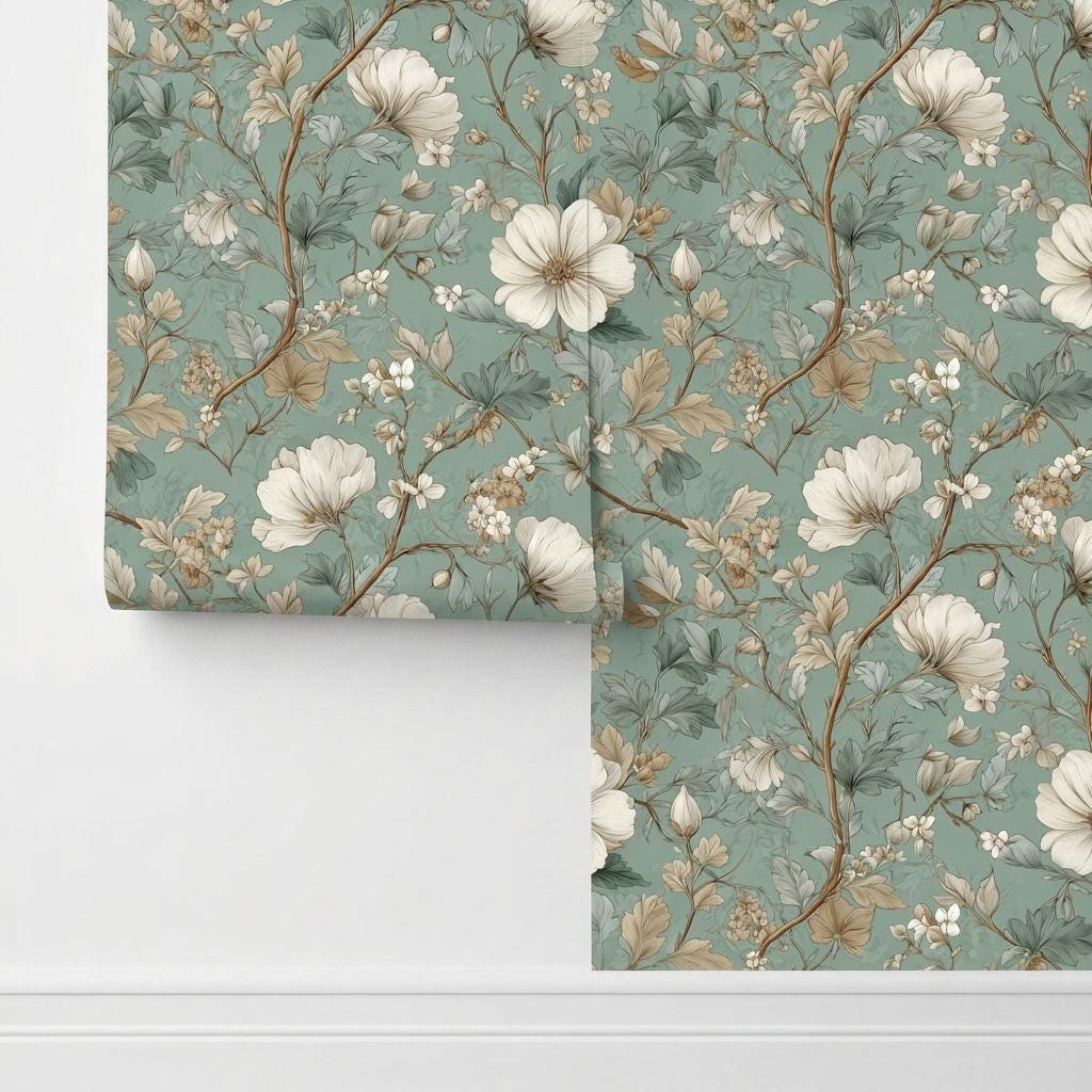 Sage Green Vintage Floral Chinoiserie Wallpaper Mural, Elegant Botanical Wall Decor Peel and Stick-WP0207