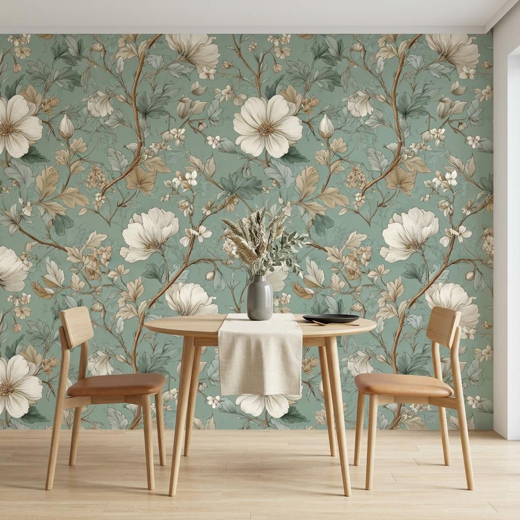 Sage Green Vintage Floral Chinoiserie Wallpaper Mural, Elegant Botanical Wall Decor Peel and Stick-WP0207