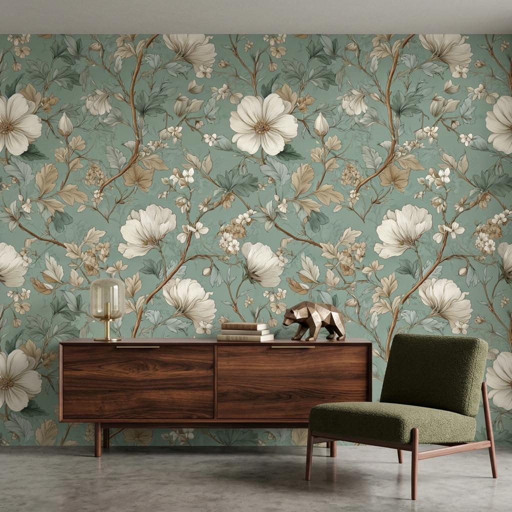 Sage Green Vintage Floral Chinoiserie Wallpaper Mural, Elegant Botanical Wall Decor Peel and Stick-WP0207