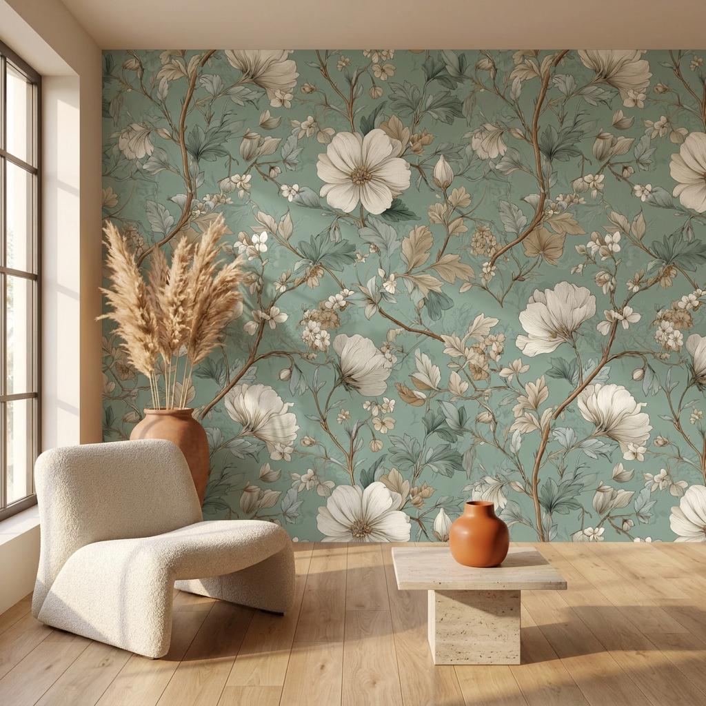 Sage Green Vintage Floral Chinoiserie Wallpaper Mural, Elegant Botanical Wall Decor Peel and Stick-WP0207