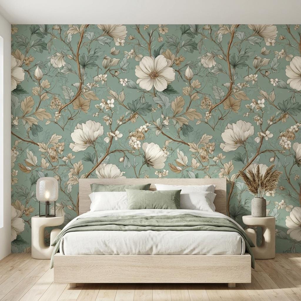 Sage Green Vintage Floral Chinoiserie Wallpaper Mural, Elegant Botanical Wall Decor Peel and Stick-WP0207
