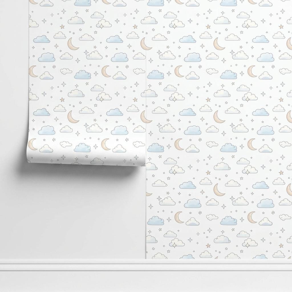Whimsical Celestial Clouds Wallpaper in Soft Blue, Nursery Wall Decor, Moon and Stars Peel and Stick, Neutral Gender Boho Room Art-WP0178